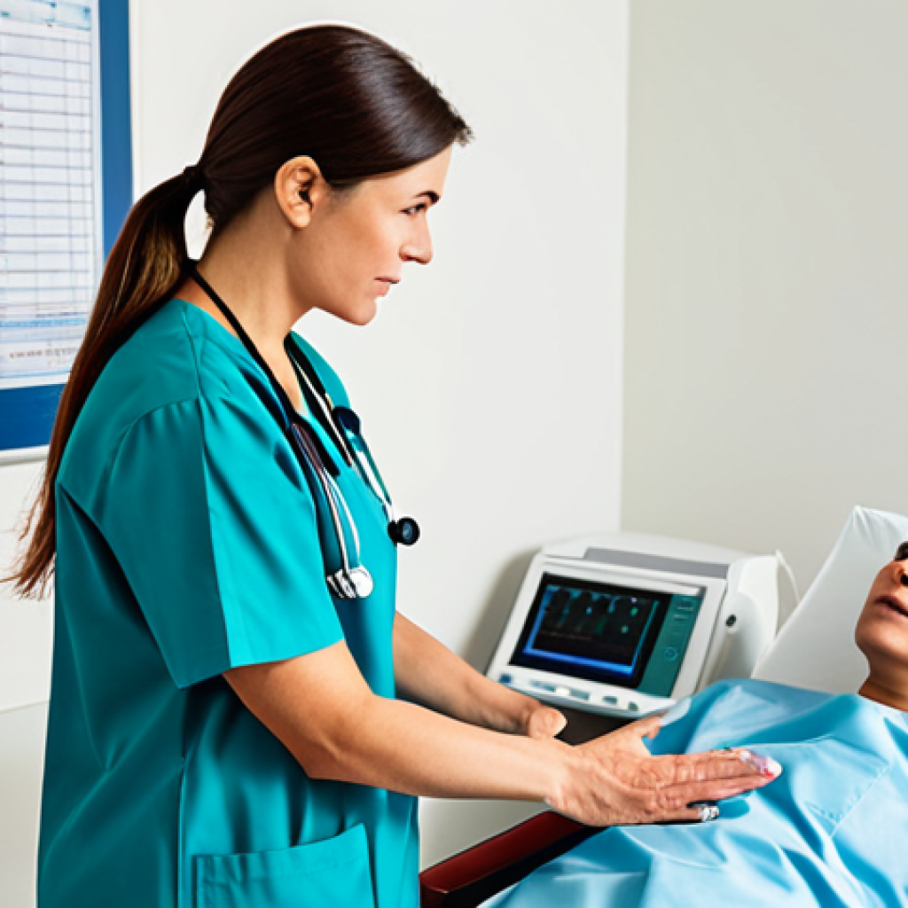 A compassionate adult female doctor in professional medical scrubs, gently consulting with a calm adult female patient in modest comfortable clothing. They are in a clean, brightly lit modern hospital examination room with medical charts and a sleek, non-descript medical monitor in the background, suggesting advanced diagnostic capabilities. The doctor is explaining information with a reassuring expression, while the patient listens attentively. Professional photography, high-resolution, sharp focus, natural lighting, perfect anatomy, correct proportions, natural pose, well-formed hands, proper finger count, natural body proportions, safe for work, appropriate content, fully clothed, professional, modest.