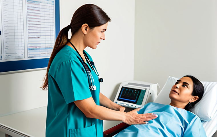 A compassionate adult female doctor in professional medical scrubs, gently consulting with a calm adult female patient in modest comfortable clothing. They are in a clean, brightly lit modern hospital examination room with medical charts and a sleek, non-descript medical monitor in the background, suggesting advanced diagnostic capabilities. The doctor is explaining information with a reassuring expression, while the patient listens attentively. Professional photography, high-resolution, sharp focus, natural lighting, perfect anatomy, correct proportions, natural pose, well-formed hands, proper finger count, natural body proportions, safe for work, appropriate content, fully clothed, professional, modest.