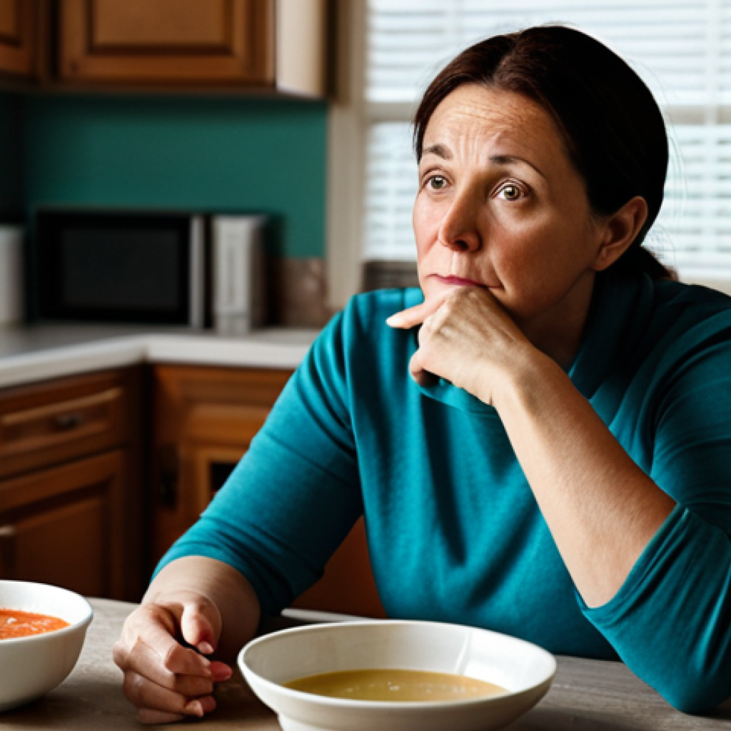 **
A concerned-looking woman in her 40s, fully clothed in modest casual wear, sitting at a kitchen table with a bland bowl of soup in front of her. The background shows a clean but slightly cluttered kitchen. The scene aims to convey a sense of unease and loss of appetite. Safe for work, appropriate content, perfect anatomy, correct proportions, natural pose, professional, family-friendly, fully clothed.
**