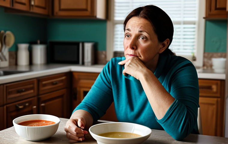**
A concerned-looking woman in her 40s, fully clothed in modest casual wear, sitting at a kitchen table with a bland bowl of soup in front of her. The background shows a clean but slightly cluttered kitchen. The scene aims to convey a sense of unease and loss of appetite. Safe for work, appropriate content, perfect anatomy, correct proportions, natural pose, professional, family-friendly, fully clothed.
**