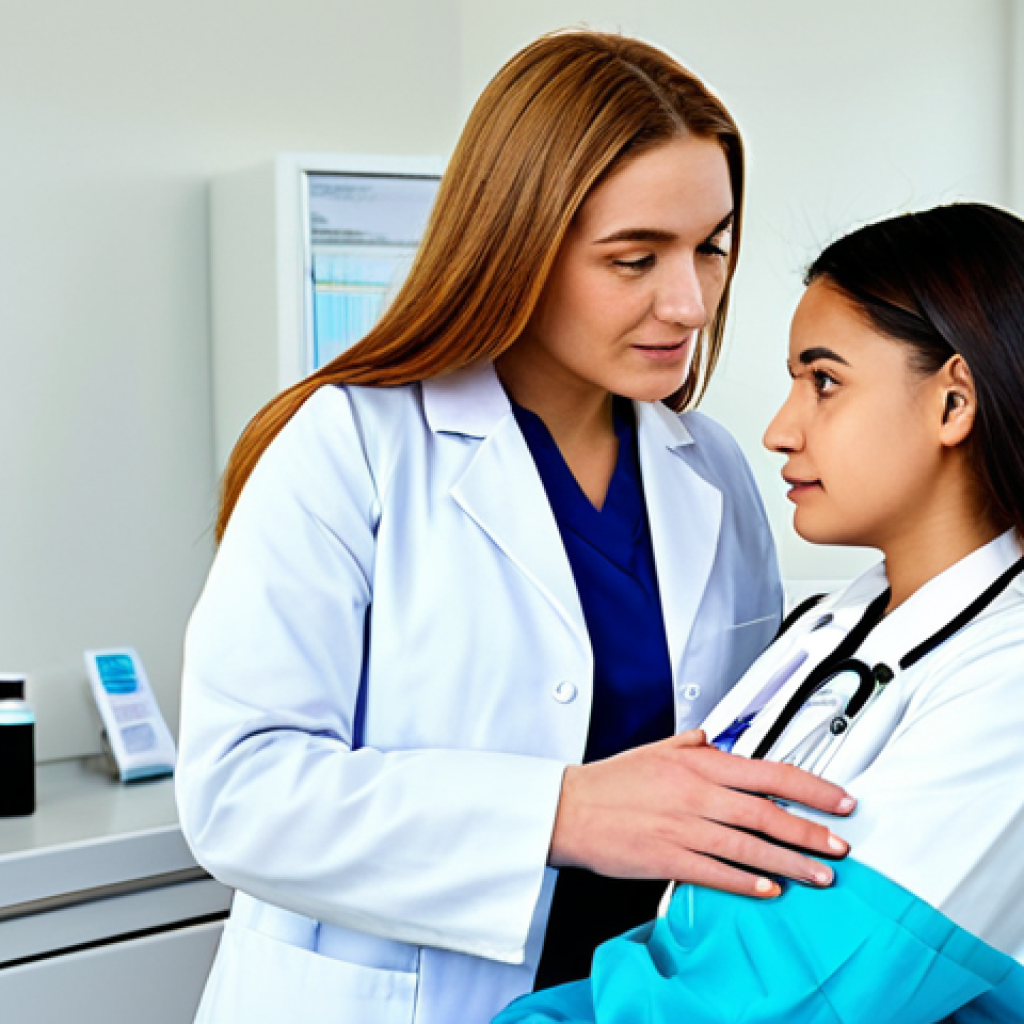 외과 흉터 제거 시술 - **Prompt:** "A dermatologist in a bright, modern clinic, consulting with a young woman about scar tr...