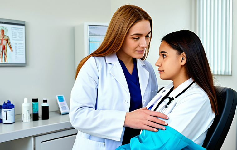 외과 흉터 제거 시술 - **Prompt:** "A dermatologist in a bright, modern clinic, consulting with a young woman about scar tr...