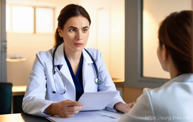 외과 실비 보험 청구 - **Prompt:** A young, concerned woman, fully clothed in smart casual attire, sits across a desk from ...