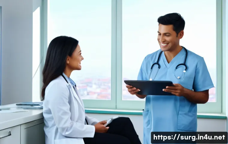 치질 레이저 비용 - **Prompt:** A compassionate female doctor, mid-40s, with a warm smile, explaining something clearly ...