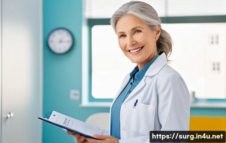 위암 수술 생존 사례 - **Prompt:** A heartwarming and serene scene inside a modern, brightly lit clinic. A middle-aged woma...