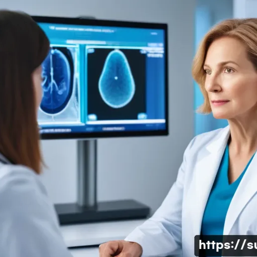 유방암 수술 전후 - A determined female patient, in her early 50s with a neatly styled bob haircut, is dressed in smart,...