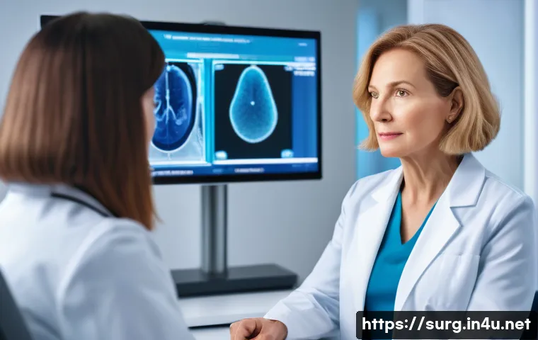 유방암 수술 전후 - A determined female patient, in her early 50s with a neatly styled bob haircut, is dressed in smart,...