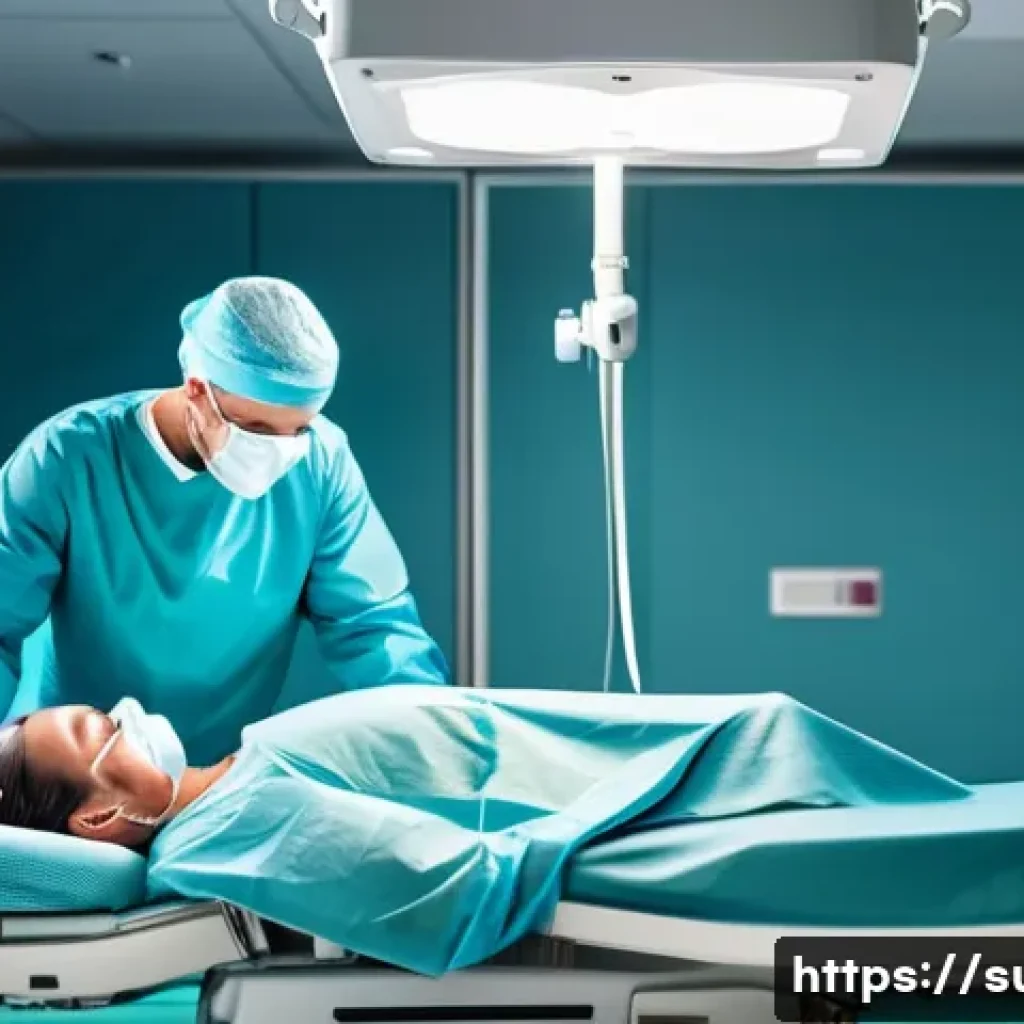 치질 수술 후기 - A calm and professional hospital room scene showing a middle-aged patient lying on a surgical bed, w...