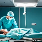 치질 수술 후기 - A calm and professional hospital room scene showing a middle-aged patient lying on a surgical bed, w...