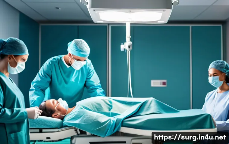 치질 수술 후기 - A calm and professional hospital room scene showing a middle-aged patient lying on a surgical bed, w...