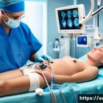 복강경 수술 효과 분석 - A detailed medical illustration showing a laparoscopic surgery procedure on a patient’s abdomen, hig...