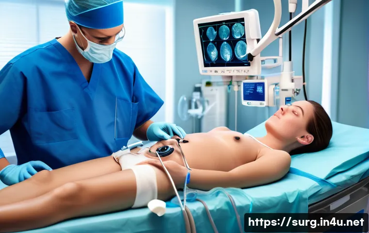 복강경 수술 효과 분석 - A detailed medical illustration showing a laparoscopic surgery procedure on a patient’s abdomen, hig...