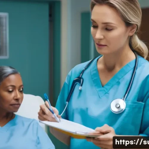 Home 32 외과 수술 준비 팁 - A calm hospital pre-surgery scene showing a middle-aged patient wearing a clean, light blue hospital...