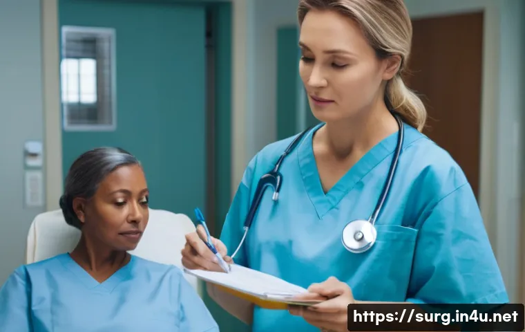 외과 수술 준비 팁 - A calm hospital pre-surgery scene showing a middle-aged patient wearing a clean, light blue hospital...