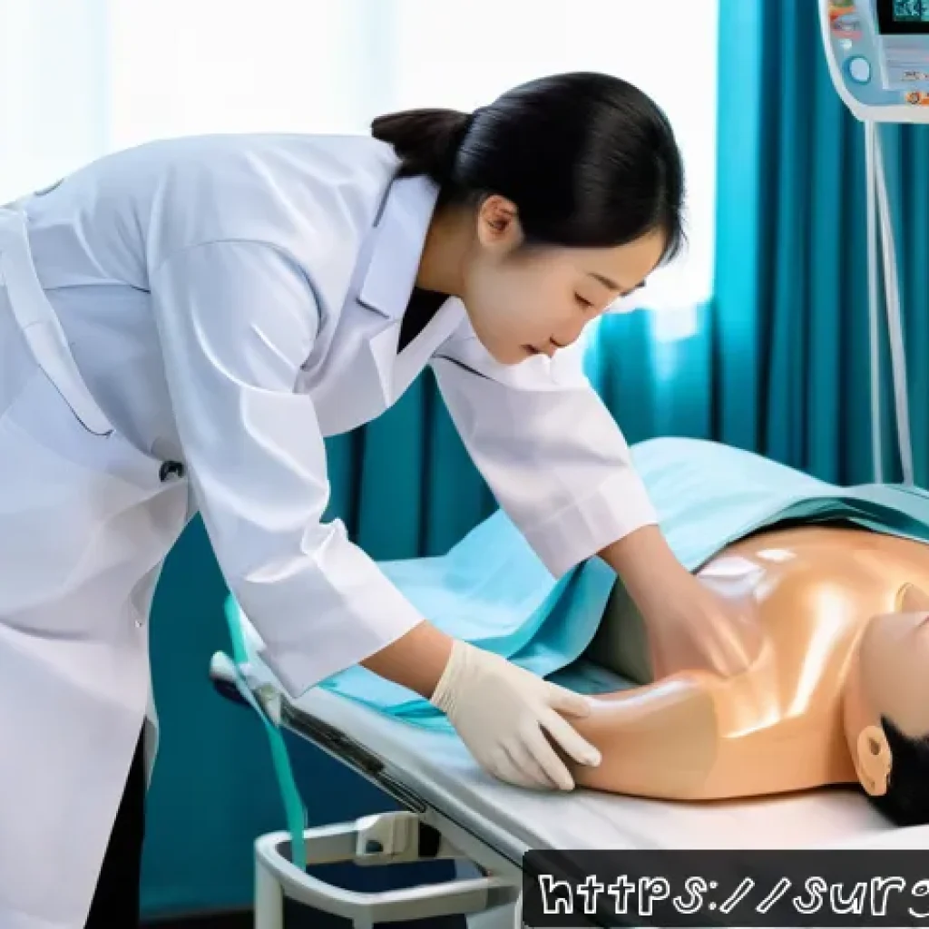 위장관 출혈 응급처치 - A detailed medical scene depicting a healthcare professional performing emergency first aid on a con...