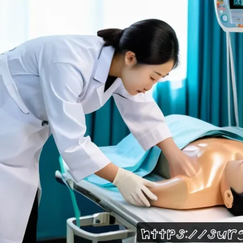 Home 30 위장관 출혈 응급처치 - A detailed medical scene depicting a healthcare professional performing emergency first aid on a con...