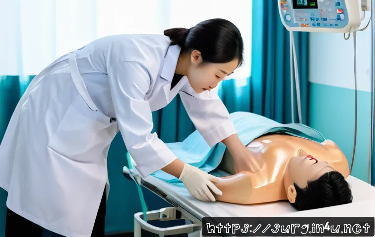 위장관 출혈 응급처치 - A detailed medical scene depicting a healthcare professional performing emergency first aid on a con...