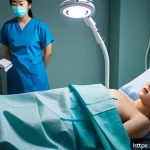 맹장 수술 후 복부 통증 - A detailed medical illustration showing a patient lying in a hospital bed shortly after laparoscopic...