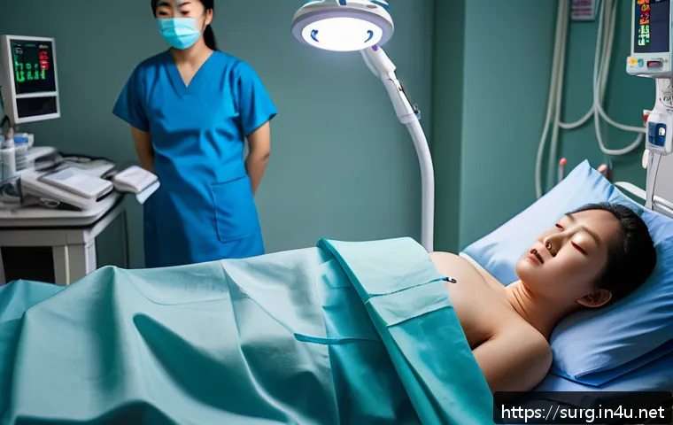 맹장 수술 후 복부 통증 - A detailed medical illustration showing a patient lying in a hospital bed shortly after laparoscopic...