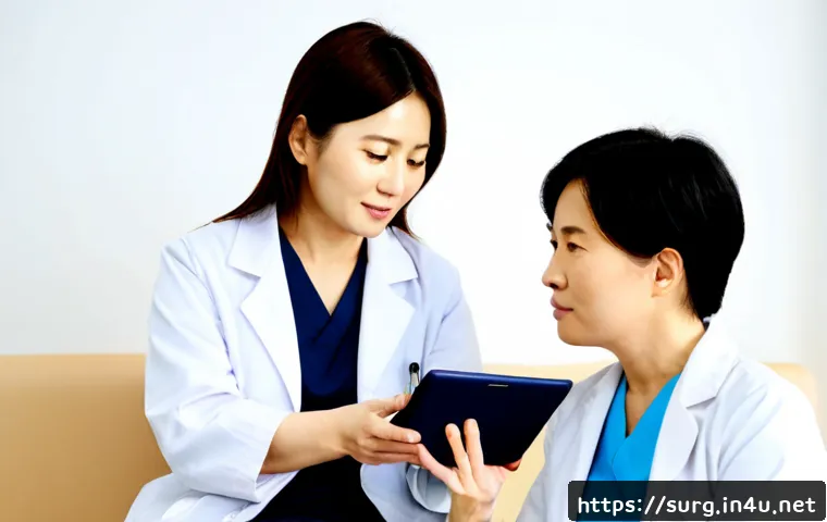 갑상선암 완치율 - Photorealistic reassuring medical consultation, middle-aged woman in modest casual clothing sitting ...