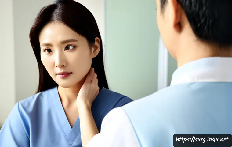 Home 17 갑상선암 증상과 진단 - Photorealistic middle-aged woman in a bright modern clinic gently touching the lower front of her ne...
